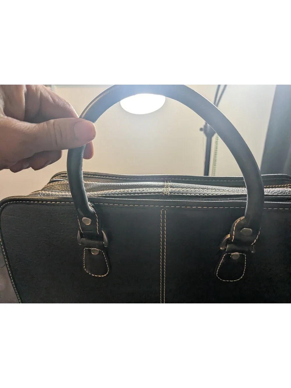 Black Leather Business Briefcase Laptop Bag Multi Compartment Dual Front Pockets
